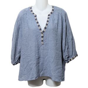ACOTE Linen Blend Floral Embroidery Popover Top M